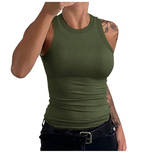 Tops Women,Tank Tops for Women Army Green Halter Ribbed Racerback Slim Camisoles Sleeveless Double Lined Round Neck Top,L