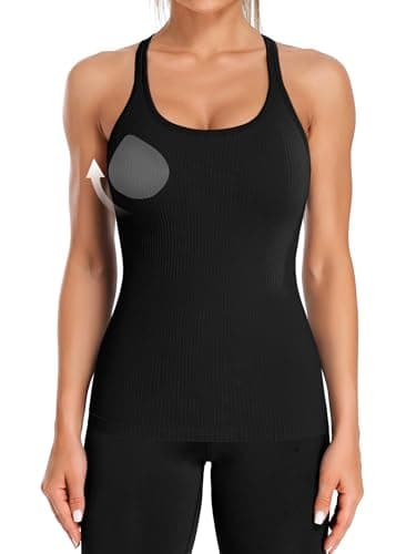 ATTRACO Black Workout Tops for Women Built in Bra Tank Tops Racer Back Yoga Tops Slim Fit