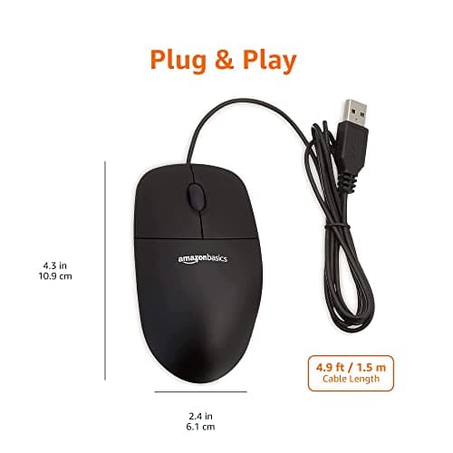 Amazon Basics 3-Button USB Wired Computer Mouse (Black), 1-Pack — view 4
