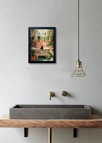 Framed Funny Bathroom Wall Art Green Plant Picture Bathroom Decor Bath Black Cat Canvas Print Poster Animal Bathtube Painting Artwork Maximalist Restroom Decor — view 5