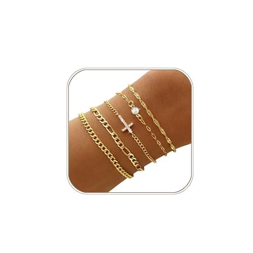 Gold Bracelets for Women Non Tarnish, Waterproof 16K Gold Plated Dainty Stackable Thin Chain Bracelet Set Trendy Cubic Zirconia Cross Bracelets Jewelry Gifts for Women