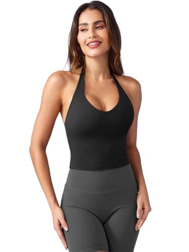 YEOREO Women's Halter Crop Top V Neck Workout Going Out Tank Top Hazel Padded Sleeveless Backless Trendy Summer Camisole Black Small — view 4