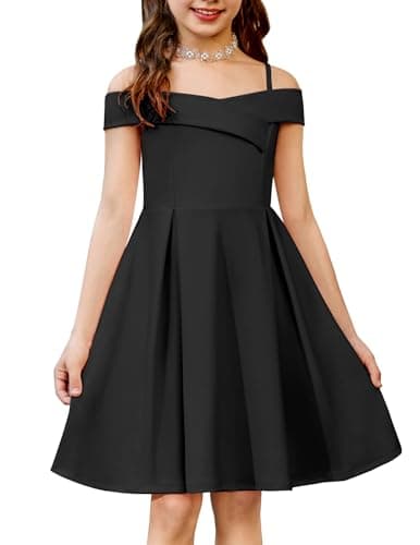 Arshiner Girls Summer Dress Off Shoulder Fold Pleated Formal Elegant A-Line Party Dresses with Pocket Black for 11-12Years Girls