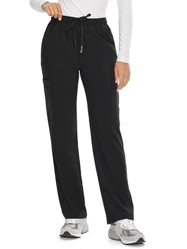 COZYFIT Straight Leg Scrub Pants for Women, Drawstring Soft Stretch, Anti-Wrinkle Women's Scrub Pants with 6 Pockets,Black,L — view 3