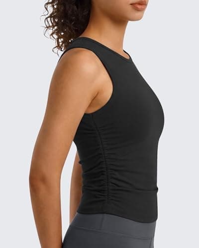 G4Free BareFeel Workout Yoga Tank Tops Ruched Sleeveless Athletic Tanks High Neck Pilates Top, Black, Medium