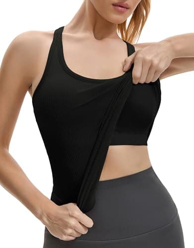 Gxpok Workout Tank Tops for Women with Built in Bra, Ribbed Athletic Gym Shirts Racerback Yoga Workout Tops Black