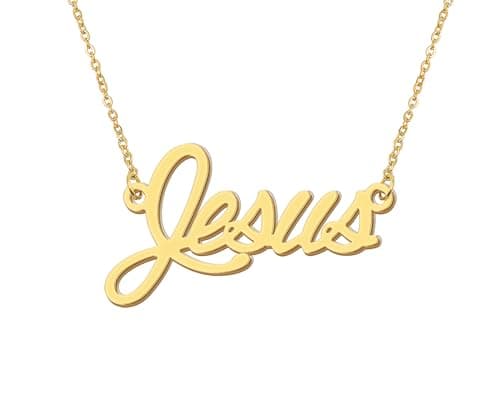 Aoloshow 18k Gold Plated Jesus Name Necklace Womens Initial Message Word Jewelry Stainless Steel for Valentines
