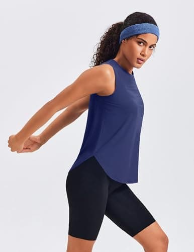 PINSPARK Women's Workout Tank Tops Back Pleat Loose Fit Sleeveless Yoga Athletic Shirts Soft UPF 50+ Cooling Running Gym Tops, Navy Blue, X-Large