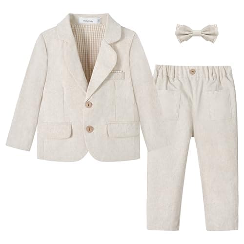 Volunboy Toddler Suit Baby Boy 2 piece Linen Blazer Dress Pants Set Boys Tuxedo Bowtie Set (BeigeWhite, 2-3T)