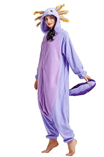 DELEY Unisex Axolotl Costume Adult Onesie, One Piece Pajamas, Halloween Cosplay Costumes Homewear Jumpsuit,Animal Onesie, Lavender, Large — view 4