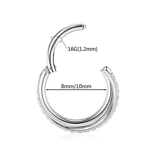 Yrogcu 316L Stainless-Steel Seamless Double-Ring Hinged Nose-Hoop With CZ 18G 8mm Lip Ear Cartilage Clicker Septum Eyebrow Daith Rook Tragus Segment Earrings — view 2