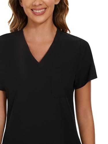 COZYFIT Scrubs for Women Set - Stretch V-Neck Scrub Top & Jogger Pant with 10 Pockets, Yoga Waistband, Anti Wrinkle, Slim Fit Women Scrubs - Black, M
