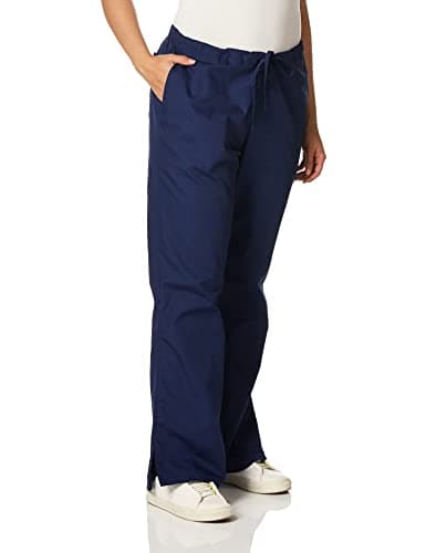Cherokee Women's Natural Rise Flare Leg Drawstring Scrub Pant, Navy, Medium-Petite
