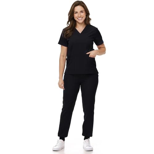 Scrubs Set for Women Nurse Uniform V-Neck Top and Drawstring Jogger Pants with Multi Pocket Nurse Workwear (Black, X-Large)