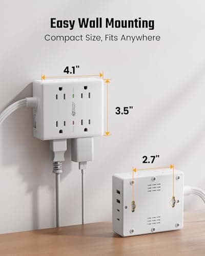 Surge Protector Power Bar, SUPERDANNY 6 Ft Extension Cord with 8 Outlets & 4USB Ports (2 USB 2 C), Mountable Flat Plug Power Strip, Surge Protection for Home, Office, Dorm — view 5