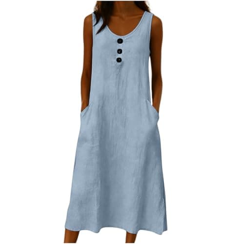 Frostluinai Sun Dresses Women Trendy 2026 Linen Midi Dresses for Women Summer Solid Boho Beach Dress Crew Neck Sleeveless Sundresses with Pockets Light Blue — view 2