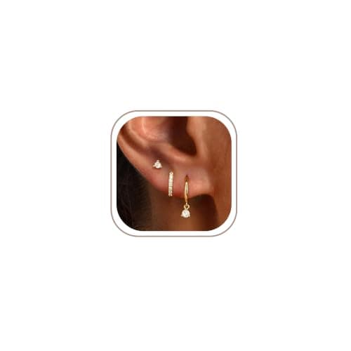 Freekiss Gold Stud Earrings for Women, Dainty Earring Set Simple Tiny 14K Gold Filled CZ Hypoallergenic Huggie Dangle Hoop Earrings Fashion Jewelry for Women Trendy Gifts