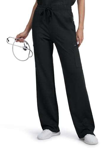 Tapata Wide Leg Scrub Pants for Women - 28/30/32/34 Inseam High Rise Straight Leg Yoga Scrub Uniform Pants with 7 Pockets, 34", Large, Black