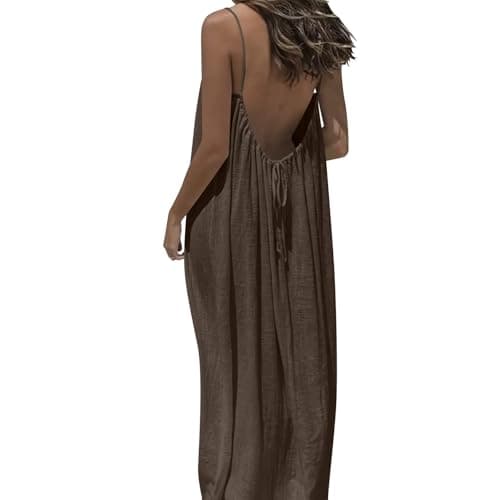 Summer Dresses for Women Backless Cami Dress Spaghetti Stra Flowy Moomoo House Dress Low Back Maxi Beach Vacation Sundress Coffee — view 7