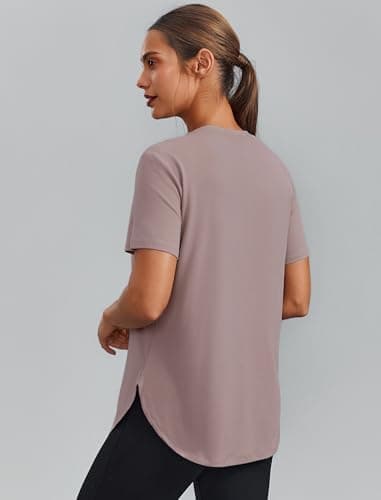 PINSPARK Workout Tops for Women Round Neck Hiking Shirt Short Sleeve Athletic Shirts SPF 50+ Running Top Quick Dry Fitness Clothing, Warm Ash Grey Medium
