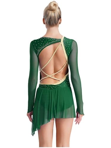 TSSOE Women Figure Skating Dress Long Sleeve Shiny Rhinestone Ice Skating Dress Ballet Dancewear Green Small