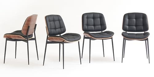 GrandNoor Mid Century Modern Dining Chairs with Walnut Grain Back,Black Faux Leather Dining Room Chairs Set of 4,Checkered Soft Cushion Kitchen Chairs with Adjustable Foot Pads