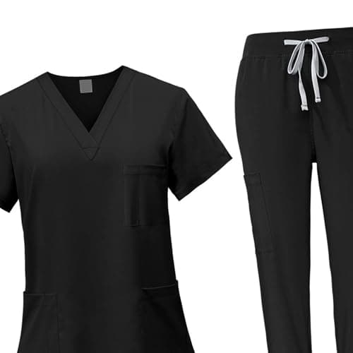 YIJU Female Scrub Set Nurse Workwear V Neckline Professional Machine Washable Top and Joggers Pant Work Clothing for Beauty Center, Black, L