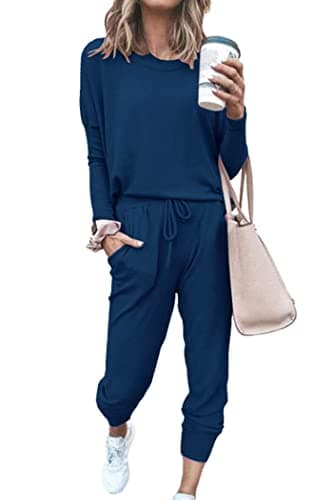 PRETTYGARDEN Women Fall 2 Piece Lounge Outfit Long Sleeve Tops High Waisted Jogger Pants Set Spring Travel Clothes Tracksuit (Dark Blue,Large)