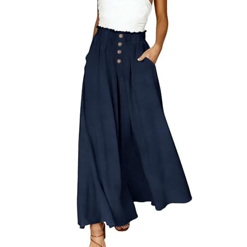 Palazzo Pants Women Summer Elastic High Waisted Wide Leg Flowy Pants for Beach Vacation Comfy Trousers with Pockets Navy