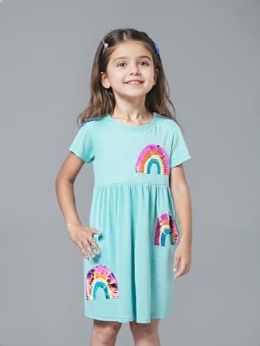 Winzik Toddler Summer Dress, Little Girls Short Sleeve Cotton Casual Dresses Unicorn Easter Clothes 2-8 Years (2-3T, Rainbow Green) — view 2