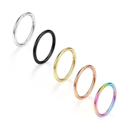 TOOUT Titanium Septum Ring 5pcs, 18g Nose Rings Hoops for Women Men, Hypoallergenic Septum Rings Septum Hoop Daith Cartilage Conch Ring Tragus Helix Rook Piercing Jewelry 8mm