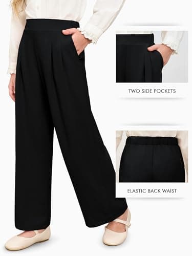 Haloumoning Girls High Waisted Uniform Pants Kids Wide Leg Dress Pants Casual Trousers with Pockets 5-14 Years, Black, 9-10 Years — view 3