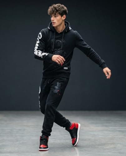 SCREENSHOT Mens Hip Hop Premium Classic Fit Urban Fleece Pants - Street Fashion Sweatpants Ribbed Wasteband with Drawstring, P1113-black/Black, Large — view 6