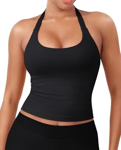 YEOREO SoftHue Women's Impact Halter Tank Top Longline Backless Scoop Neck Built-in Bra Sports Workout Gym Crop Top, Black, Medium