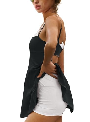 Yanekop Womens Tennis Dress Athletic Dress with Shorts and Bra Golf Outfits Spaghetti Strap Workout Romper Dresses(Black,S)