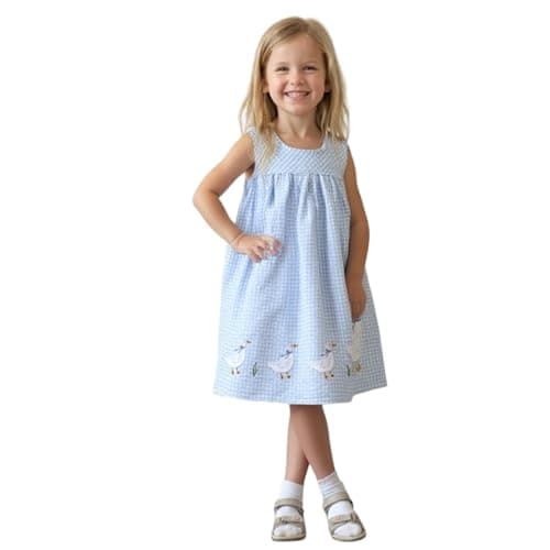 Winzik Girls Dress, Toddler Summer Short Sleeve Cotton Casual Easter Dresses Clothes 18M-7Y(5-6 Years, Blue Ducks)