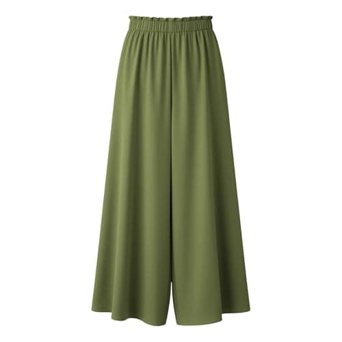 Palazzo Pants Women Summer Elastic High Waisted Wide Leg Flowy Pants for Beach Vacation Comfy Trousers with Pockets Green — view 3