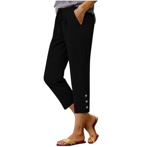 Summer Cotton Linen Capri Pants for Women High Waist Drawstring Straight Leg Capris Casual Beach Cropped Lounge Pant Black