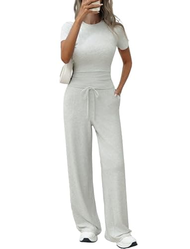 Flevita Womens Two Pcs Lounge Sets Short Sleeve Slim T-shirt and High Waisted Wide Leg Pants with Pockets Soft Pajama Set 29" Inseam Pants Grey M