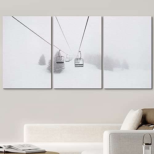 wall26 Canvas Print Wall Art Set Ski Lift on Snowy Winter Mountain Nature Wilderness Photography Realism Rustic Scenic Relax/Calm Multicolor for Living Room, Bedroom, Office - 16"x24"x3 Panels