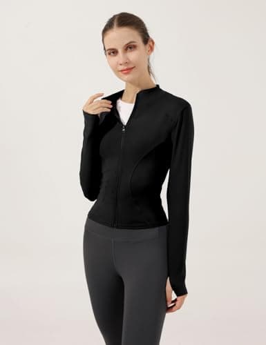 Locachy Women's Lightweight Stretchy Workout Full Zip Running Track Jacket with Thumb Holes, Black, Medium — view 2