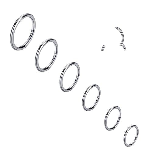 6pcs Hypoallergenic Nose Rings 20G 18G 16G 316L Surgical Steel Earrings Tragus Septum Piercing Nose Hoop Lip Rings Helix Cartilage Rook Earrings for Women Men 6/7/8/9/10/12mm (6PCS 18G Silver)