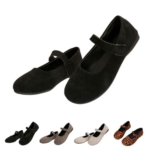Women's Suede Mary Jane Round Toe Ballet Shoes, with Straps Lightweight Breathable Comfortable Dressy Shoe (Black,8.5)