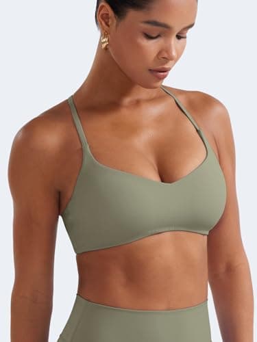 YEOREO Y Back Sports Bras for Women Padded Racerback Bra Paisely Light Impact Adjustable Straps Gym Workout Tops, Army Green, X-Small — view 3