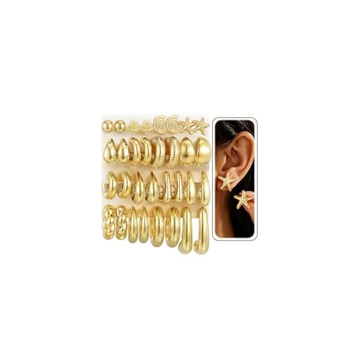 16 Pairs Starfish Chunky Gold Hoop Earrings Set for Women, Beach Shell Style Stack Statement Earrings, Hypoallergenic Lightweight Gold Plated Trendy Summer Jewelry Gift