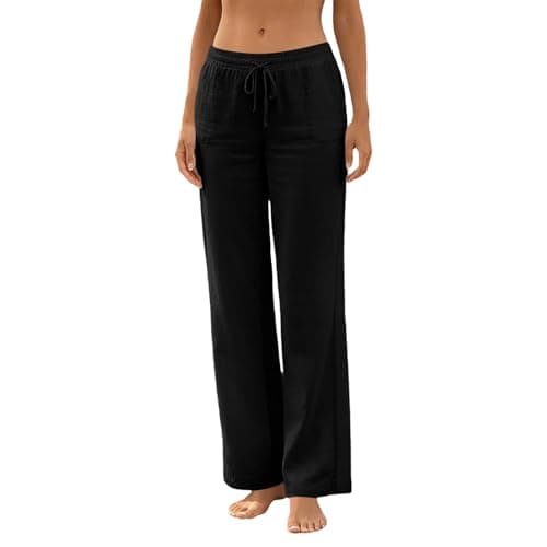 Linen Pants for Women Summer Straight Leg Loose Casual Pants Lightweight Comfy Drawstring Trousers with Pockets Black — view 3