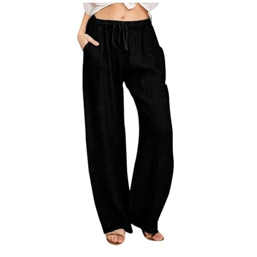 Women's Flowy Pants Summer Cotton Linen Comfy Palazzo Pants with Pockets Loose Fit High Waisted Trousers Beach Slacks