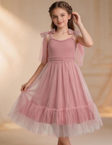 Arshiner Girls Dresses Summer Sleeveless Bow-Tie Straps Birthday Party Long Tulle Dress Pink Kids 7-8 Years — view 4