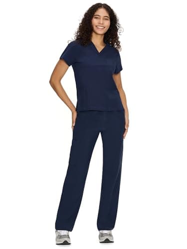 Scrubs for Women Set Medical Uniform - V-Neck Top & Straight Leg Pants with 9 Pockets, Wrinkle-Resistant Unisex Workwear, Navy Blue, M
