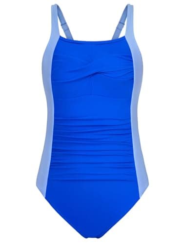DAXIANG Girls One Piece Swimsuit Modest Ruched Color Block Bathing Suit Tween Adjustable Straps Padded Swimwear Size 14 Royal Blue — view 4